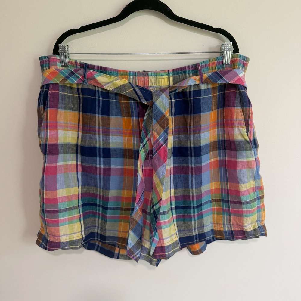 Polo Ralph Lauren Womens XXL Multi Color Plaid Linen Belted Shorts